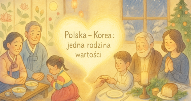 Ilustracja przedstawiająca po lewej stronie polską rodzinę przy wigilijnym stole, a po prawej koreańską rodzinę świętującą Seollal. Obie rodziny symbolizują wspólne wartości: rodzinę, miłość i kulturę. 왼쪽에는 폴란드의 크리스마스 저녁 식사 장면, 오른쪽에는 한국의 설날 명절 가족이 함께 있는 장면을 보여주는 삽화입니다. 두 가족은 사랑과 문화의 가치를 상징합니다.
